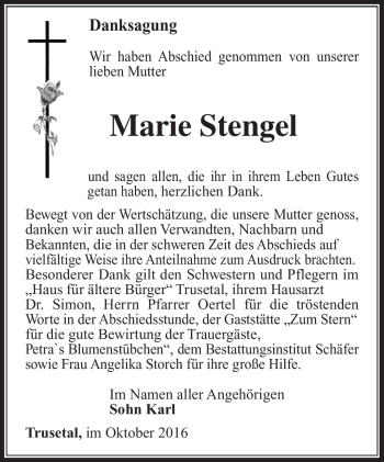 Traueranzeige von Marie Stengel von Südthüringer Presse