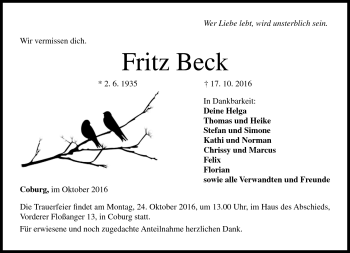 Traueranzeige von Fritz Beck von Neue Presse Coburg