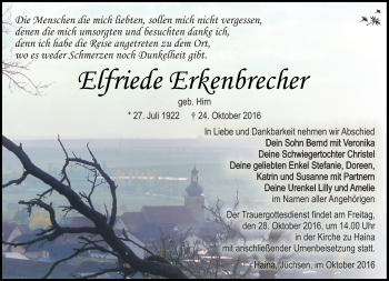 Traueranzeige von Elfriede Erkenbrecher von Südthüringer Presse