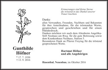 Traueranzeige von Gunthilde Höfner von Südthüringer Presse