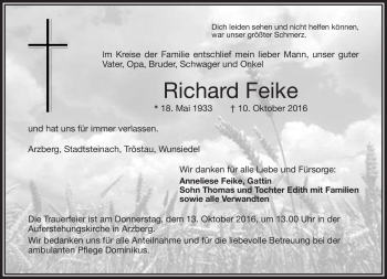 Traueranzeige von Richard Feike von Frankenpost
