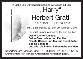 Traueranzeige von Herbert Gratl von Frankenpost
