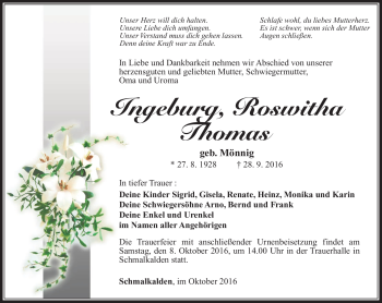 Traueranzeige von Ingeburg, Roswitha Thomas von Südthüringer Presse