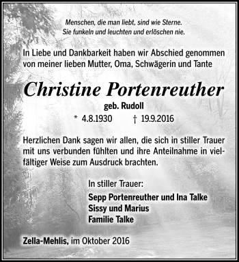 Traueranzeige von Christine Portenreuther von Südthüringer Presse