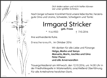 Traueranzeige von Irmgard Stricker von Frankenpost