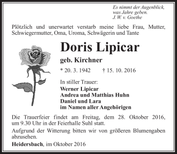 Traueranzeige von Doris Lipicar von Südthüringer Presse