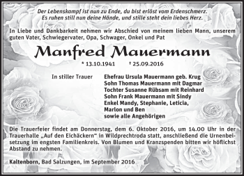 Traueranzeige von manfred Mauermann von Südthüringer Presse