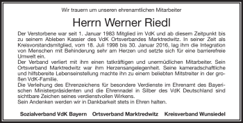 Traueranzeige von Werner Riedl von Frankenpost