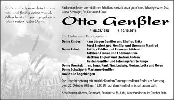 Traueranzeige von Otto Genßler von Südthüringer Presse