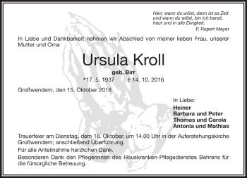 Traueranzeige von Ursula Kroll von Frankenpost