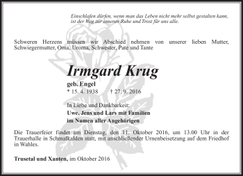 Traueranzeige von Irmgard Krug von Südthüringer Presse