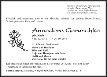 Traueranzeige von Annedore Geruschke von Südthüringer Presse