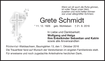 Traueranzeige von Grete Schmidt von Neue Presse Coburg
