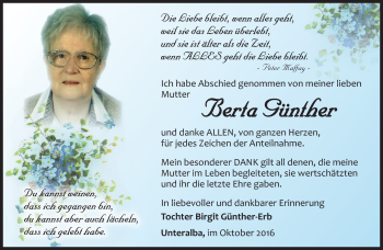 Traueranzeige von Berta Günther von Südthüringer Presse