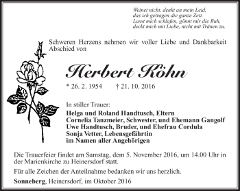 Traueranzeige von Herbert Köhn von Südthüringer Presse