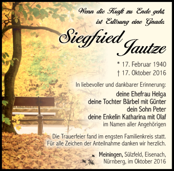 Traueranzeige von Siegfried Jautze von Südthüringer Presse