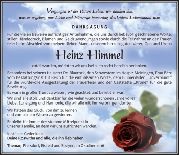 Traueranzeige von Heinz Himmel von Südthüringer Presse
