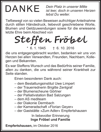 Traueranzeige von Steffen Fröbel von Südthüringer Presse
