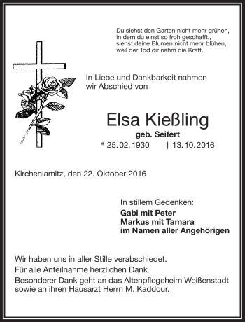 Traueranzeige von Elsa Kießling von Frankenpost