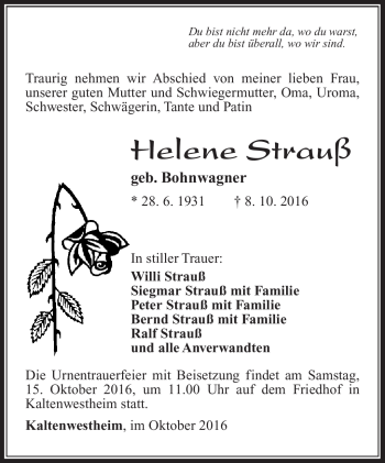 Traueranzeige von Helene Strauß von Südthüringer Presse