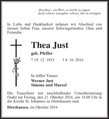 Traueranzeige von Thea Just von Südthüringer Presse