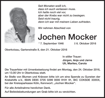 Traueranzeige von Jochen Mocker von Frankenpost