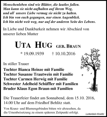 Traueranzeige von Uta Hug von Südthüringer Presse