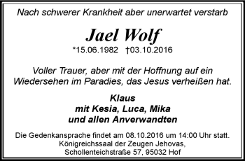 Traueranzeige von Jael Wolf von Frankenpost