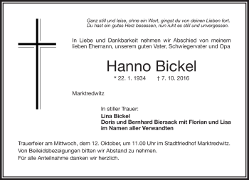 Traueranzeige von Hanno Bickel von Frankenpost
