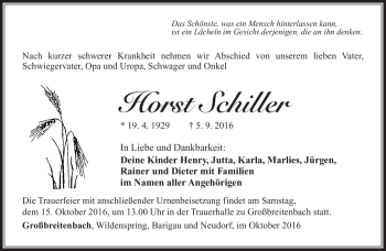 Traueranzeige von Horst Schiller von Südthüringer Presse