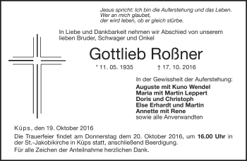 Traueranzeige von Gottlieb Roßner von Neue Presse Coburg