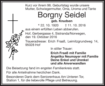 Traueranzeige von Borgny Seidel von Frankenpost