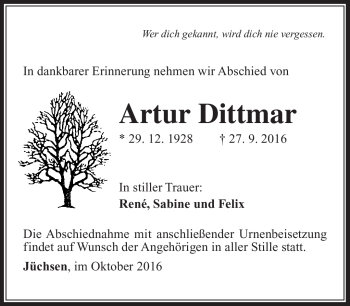 Traueranzeige von Artur Dittmar von Südthüringer Presse
