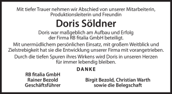 Traueranzeige von Doris Söldner von Neue Presse Coburg