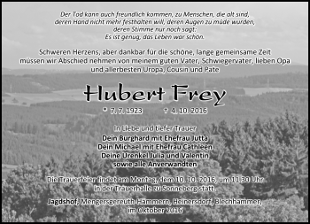 Traueranzeige von Hubert Frey von Südthüringer Presse