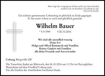 Traueranzeige von Wilhelm Bauer von Neue Presse Coburg