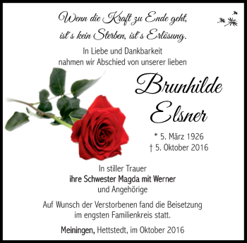 Traueranzeige von Brunhilde Elsner von Südthüringer Presse