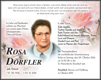 Traueranzeige von Rosa Dörfler von Südthüringer Presse