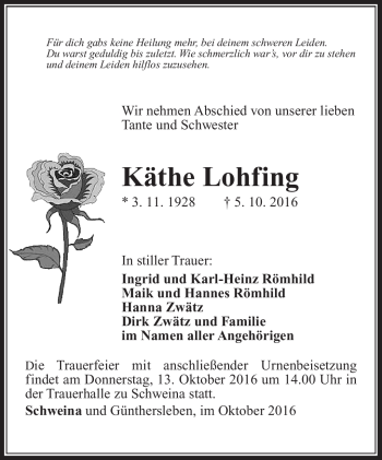 Traueranzeige von Käthe Lohfing von Südthüringer Presse