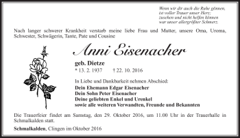 Traueranzeige von Anni Eisenacher von Südthüringer Presse