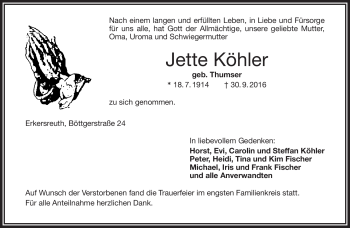 Traueranzeige von Jette Köhler von Frankenpost