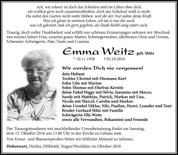 Traueranzeige von Emma Weitz von Südthüringer Presse