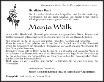 Traueranzeige von Manja Wölk von Südthüringer Presse