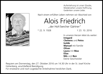 Traueranzeige von Alois Friedrich von Frankenpost