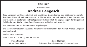Traueranzeige von Andree Langosch von Neue Presse Coburg