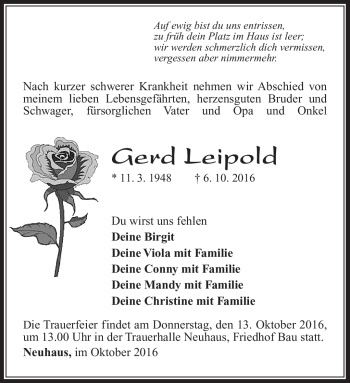 Traueranzeige von Gerd Leipold von Südthüringer Presse