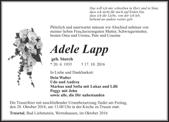 Traueranzeige von Adele Lapp von Südthüringer Presse