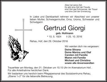 Traueranzeige von Gertrud Giorgi von Frankenpost