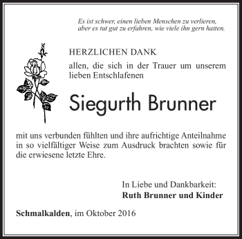 Traueranzeige von Siegurth Brunner von Südthüringer Presse