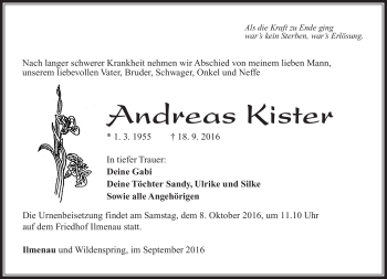 Traueranzeige von Andreas Kister von Südthüringer Presse